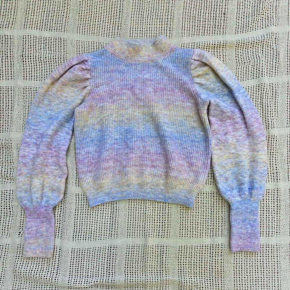 Pastel Rainbow Sweater with Puffy Sleeves and Mock Turtleneck
